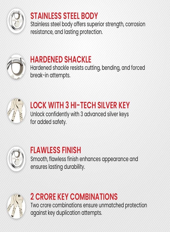 Link Lock | DL-01 70 mm SS | Padlock for Doors, Gates & Lockers | Hardened Shackle, Stainless Steel Body, 3 Hi-Tech Silver Keys, Ultra-Secure Lock - Image 4